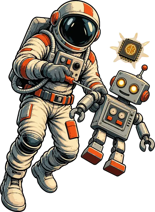 An astronaut floating beside a small boxy robot