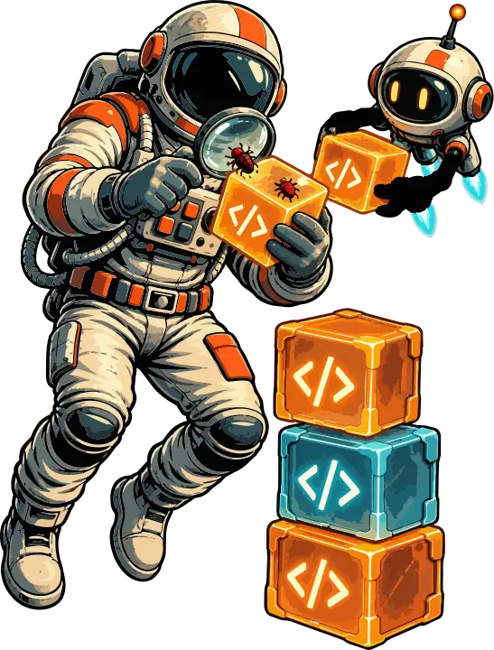An astronaut stacking orange and blue code blocks while a small robot helps