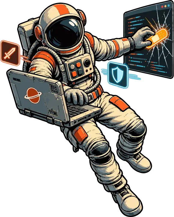 An astronaut with a laptop and shield, tapping a cracked holographic screen