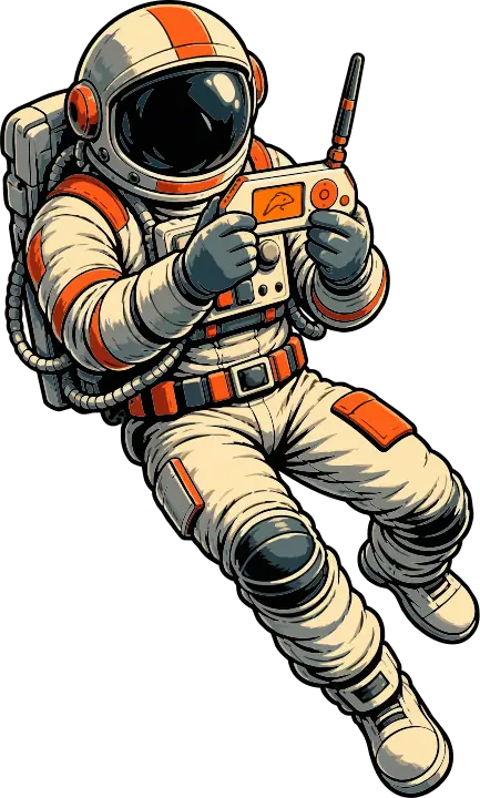 An astronaut holding up an RFID reader with a long antenna