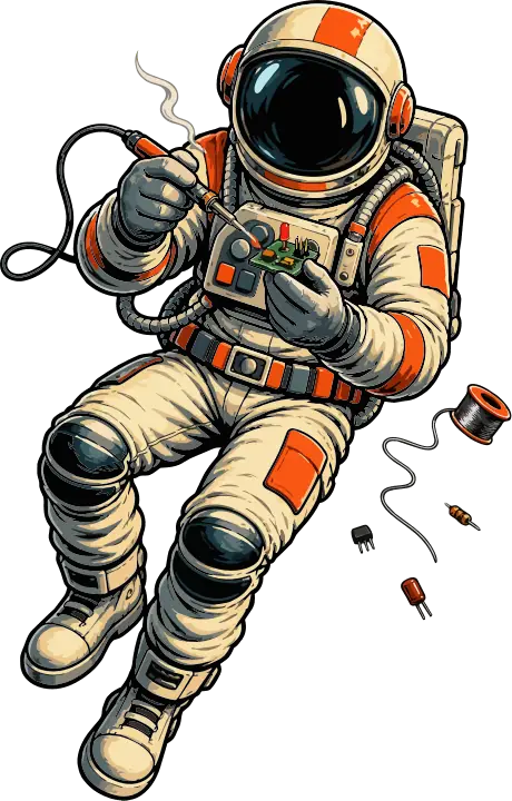 An astronaut soldering a small circuit board, with a spool of solder floating beside them