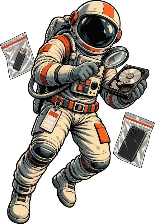 An astronaut examining a hard drive with a magnifying glass, evidence bags floating nearby