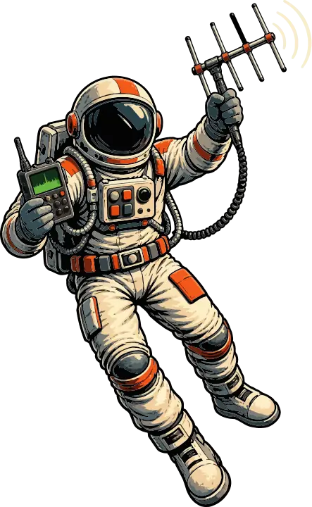 An astronaut sweeping a handheld Yagi antenna while reading a radio receiver
