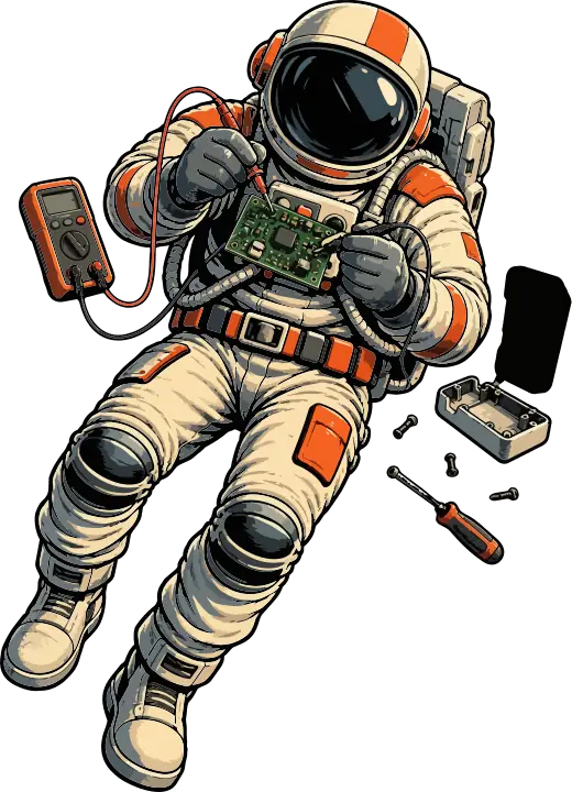 An astronaut working on a circuit board with a multimeter and tools floating nearby