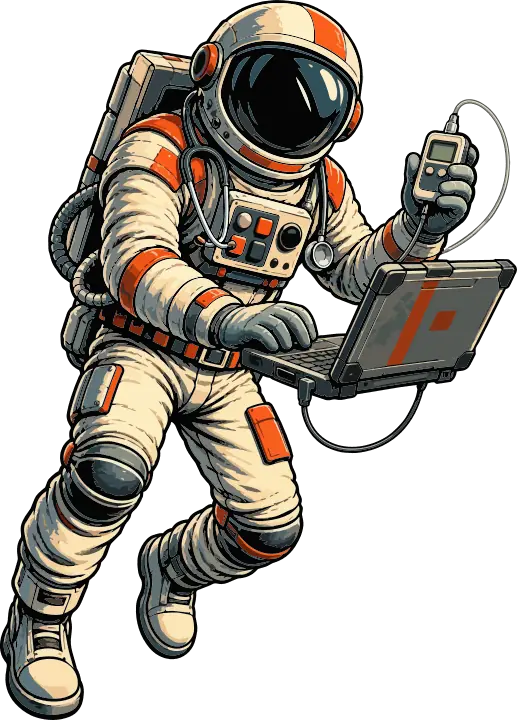 An astronaut holding a tablet connected by a cable to a medical device