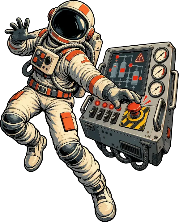 An astronaut reaching for the red button on an industrial control panel