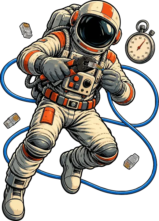 An astronaut wrapped in a blue network cable, with a stopwatch and connectors floating nearby