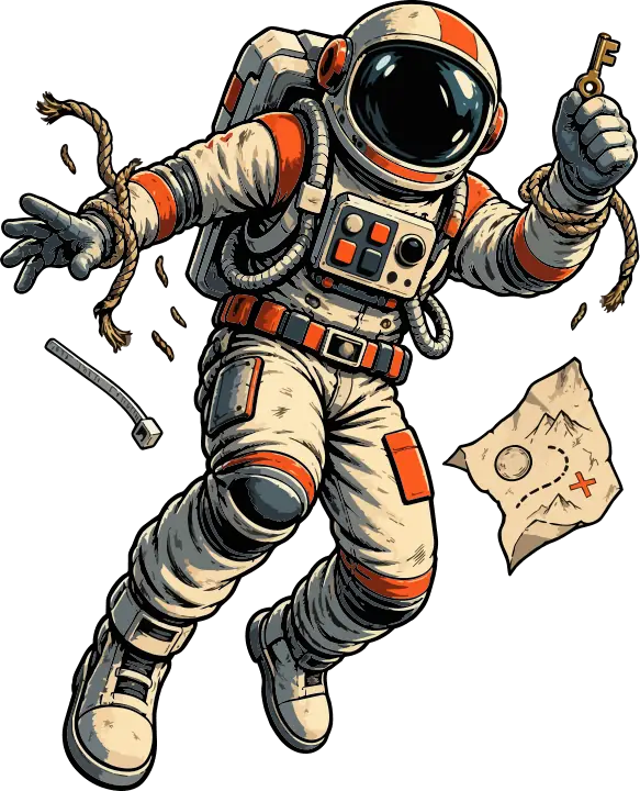 An astronaut breaking free of rope restraints with a key in hand and a map floating nearby