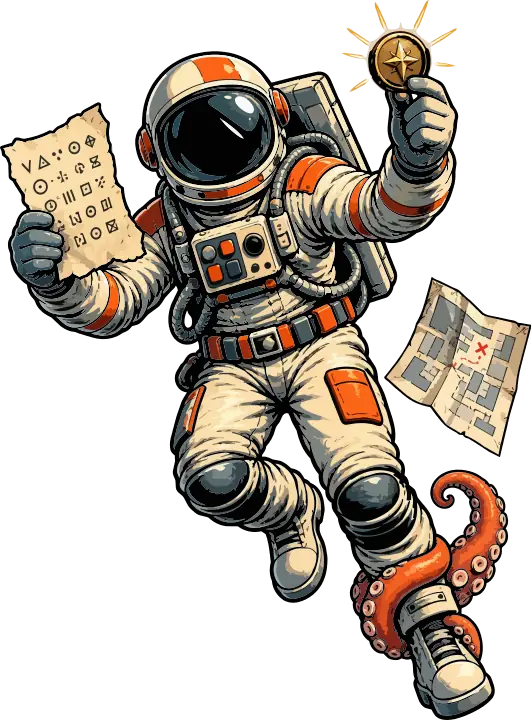An astronaut holding a clue sheet and a key, a tentacle curling around one leg