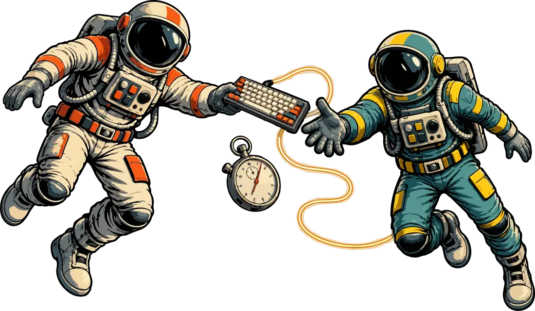 Two astronauts passing a keyboard between them, a stopwatch hanging from its cable
