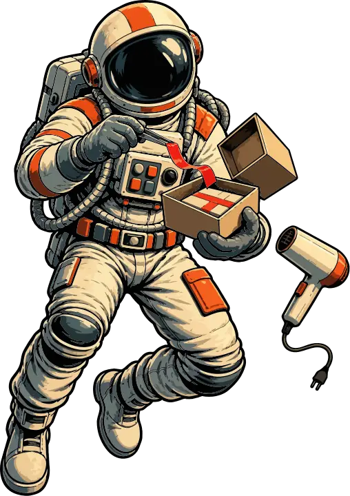 An astronaut peeling seal tape off a box with a heat gun floating beside them