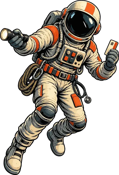 An astronaut with a coil of rope and a flashlight, reaching toward something out of frame