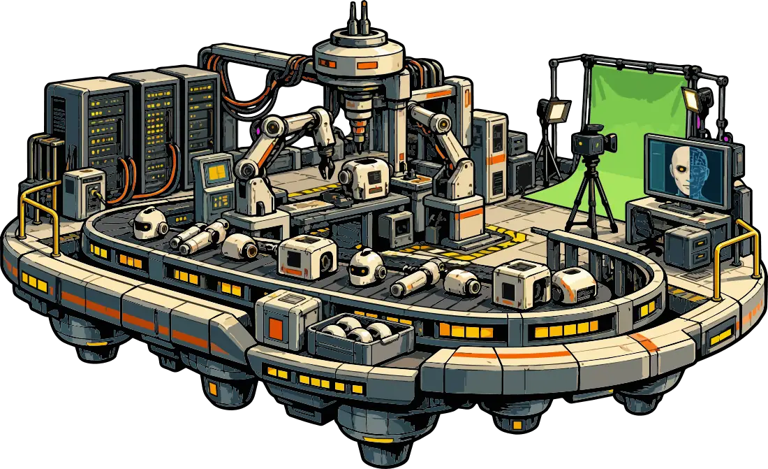 A floating studio platform with a green screen, camera, robotic arms and server racks