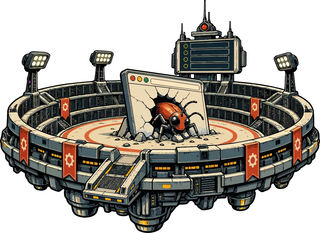 A circular arena with banners and a giant screen showing a bug