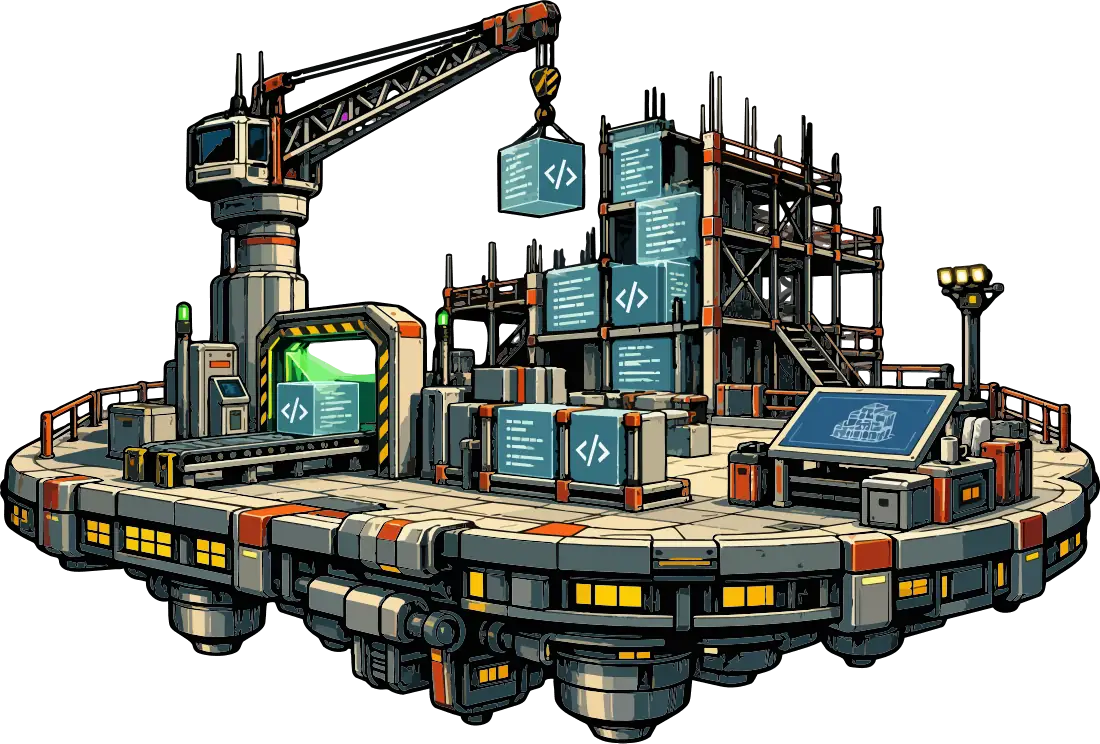 A construction platform where a crane stacks glowing code blocks into a building