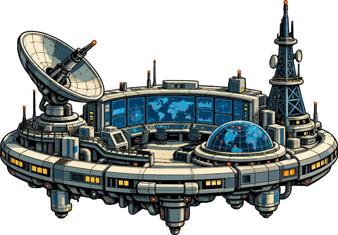A floating operations center with a satellite dish, radio mast and a wall of world maps