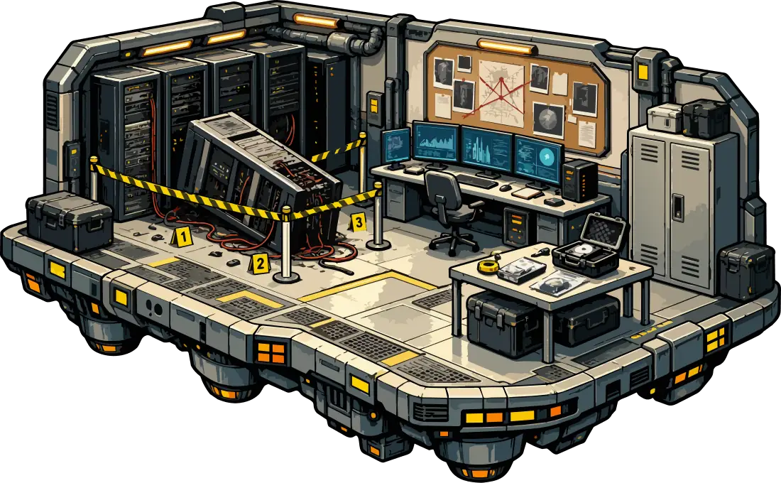 A forensics lab with taped-off server racks, an evidence board and analyst workstations