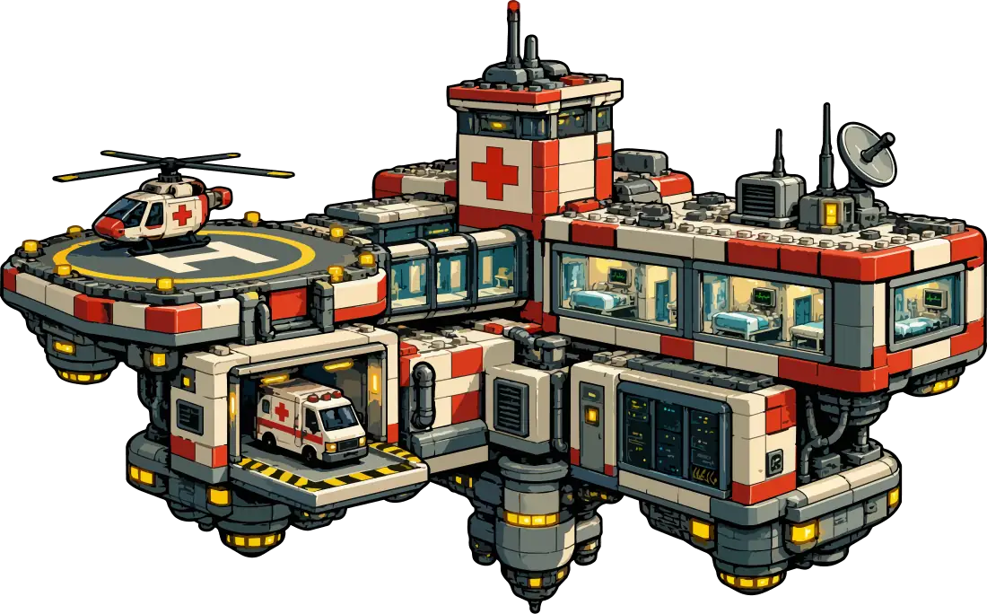 A floating hospital with a red cross, a helipad and an ambulance bay