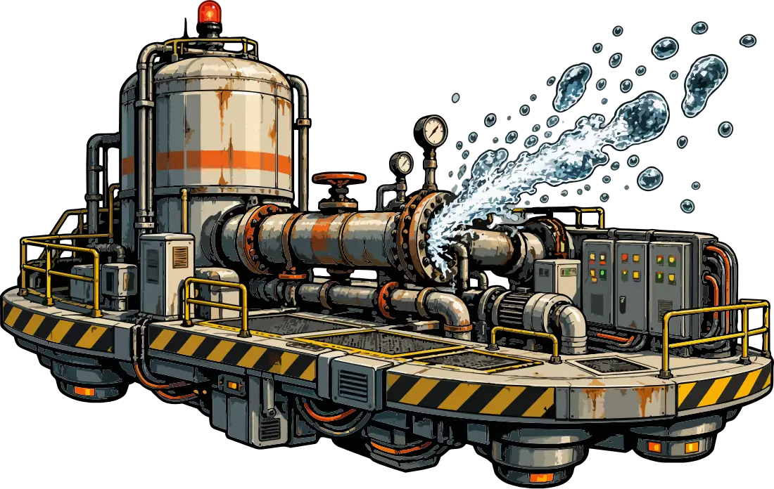 A floating industrial platform with a storage tank and pipework spraying water from a burst valve