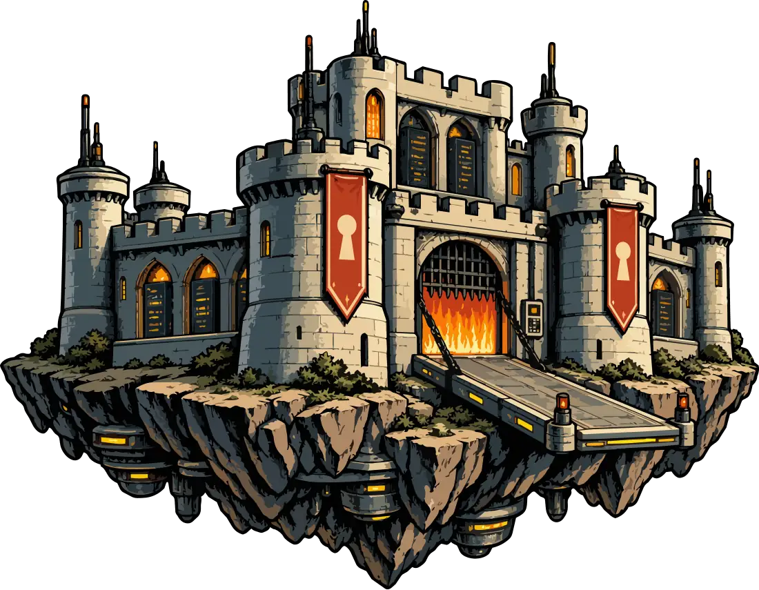 A stone castle with red banners on a floating rock, its gate glowing