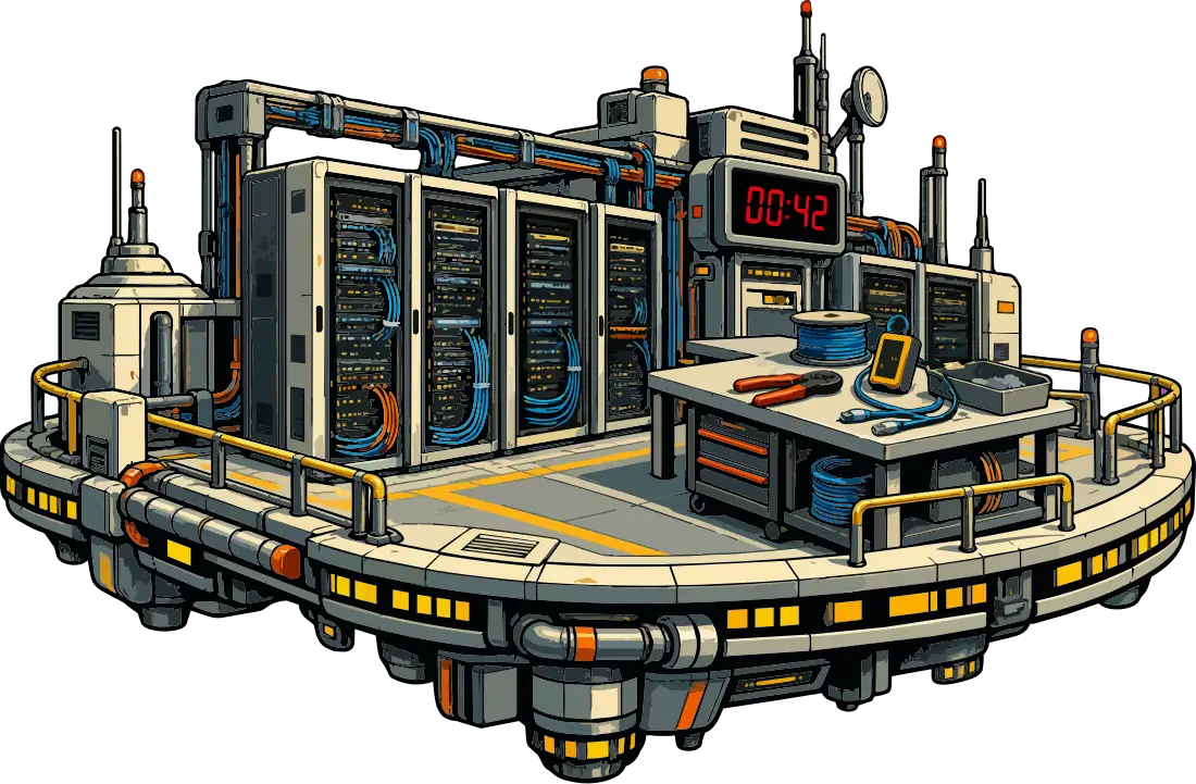 A row of server racks with a red countdown timer and a cable-crimping station