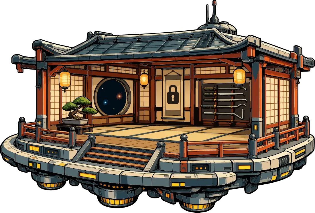 A floating Japanese dojo with a padlock emblem on its central wall