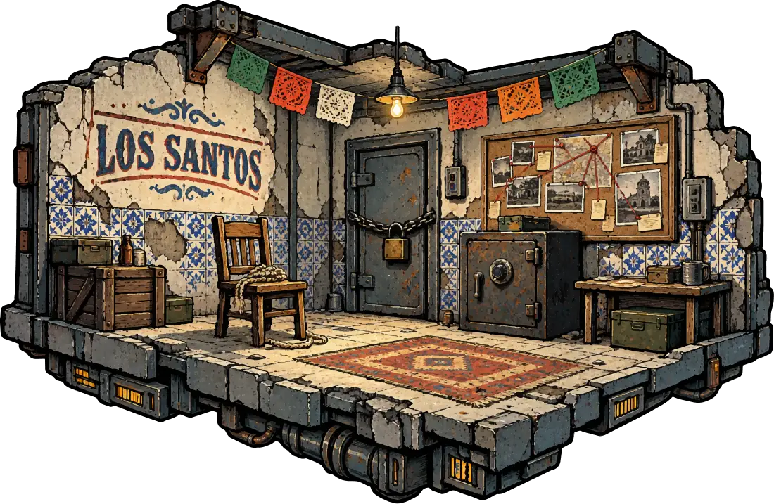 The Los Santos hideout: a tiled room with a chained door, a safe, a chair with loose rope, and an evidence board