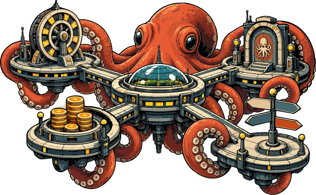 A space station gripped by a giant octopus, with a vault wheel and stacks of coins
