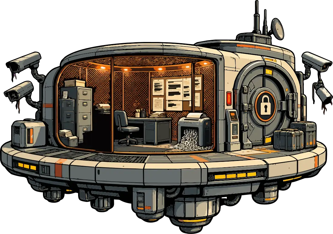 A round bunker ringed with surveillance cameras, a desk and filing cabinets inside