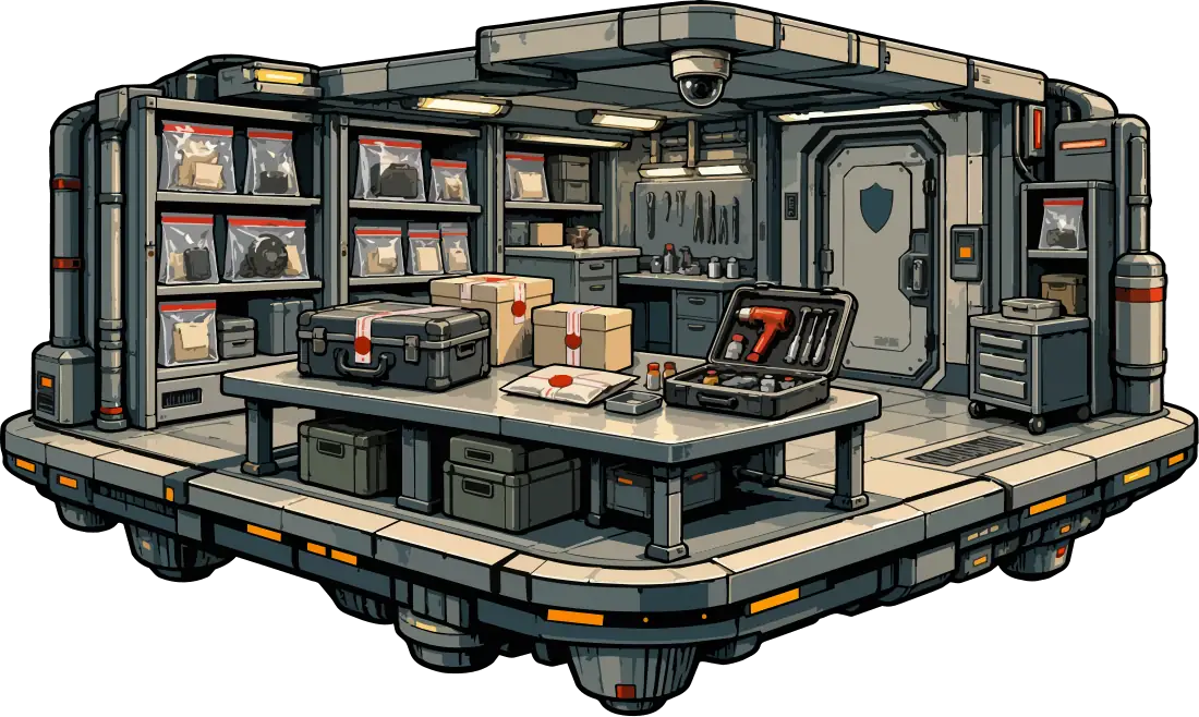 An evidence storage room with shelves of sealed bags and an open toolkit on the table