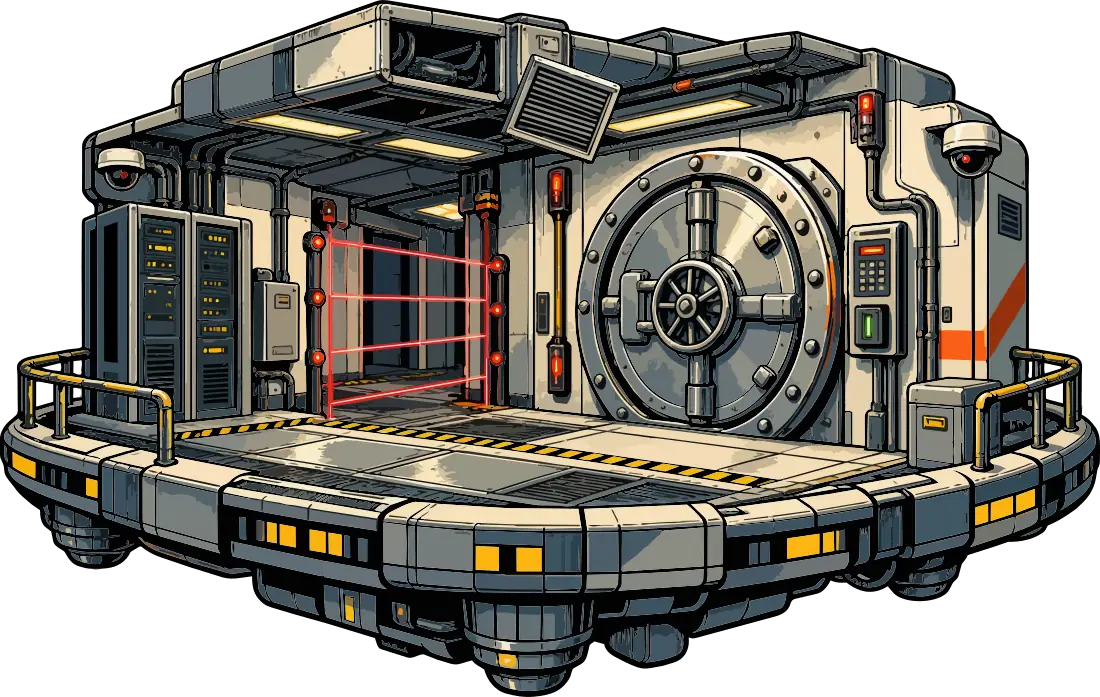 A secure vault room with a round safe door and a red laser grid across the floor