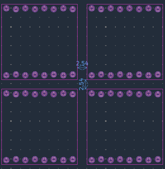 Intercepted close-up from the SAINTCON 26 badge fab plot: a grid of eight minibadge socket footprints with numbered pins and 2.54 mm dimension callouts