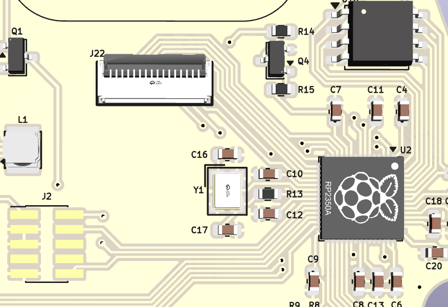 Intercepted close-up from the SAINTCON 26 badge fab plot: a Raspberry Pi RP2350A microcontroller ringed by a crystal, passives, and labeled component footprints