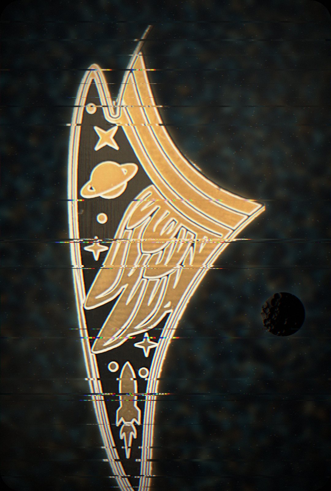 Intercepted transmission from the SAINTCON 26 badge program: an enamel badge proof of feathered wings and a launching rocket climbing past a ringed planet and stars, mostly in shadow with heavy signal distortion, a small cratered crescent moon at the lower right